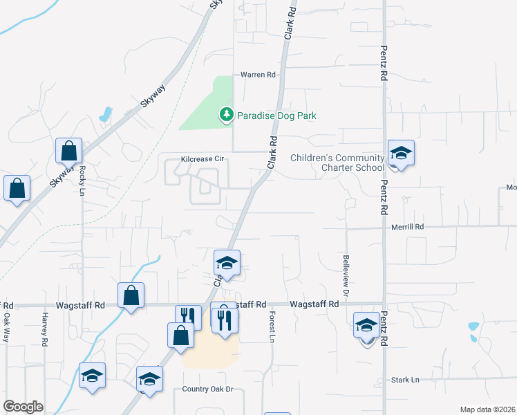 map of restaurants, bars, coffee shops, grocery stores, and more near 1543 Adams Road in Paradise