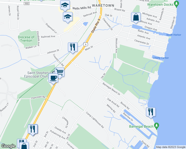 map of restaurants, bars, coffee shops, grocery stores, and more near 39 Barnegat Beach Drive in Ocean Township