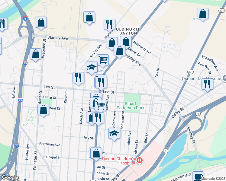 map of restaurants, bars, coffee shops, grocery stores, and more near 1617 Leo Street in Dayton