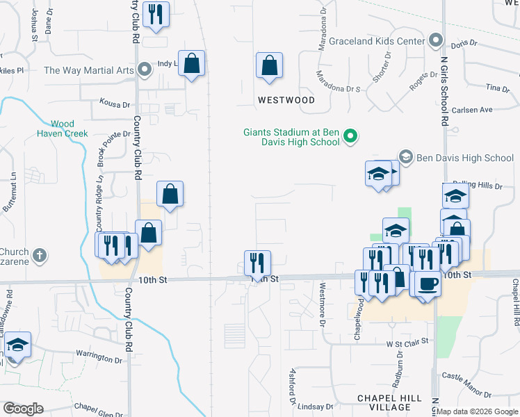 map of restaurants, bars, coffee shops, grocery stores, and more near 1225 West Park Way in Indianapolis