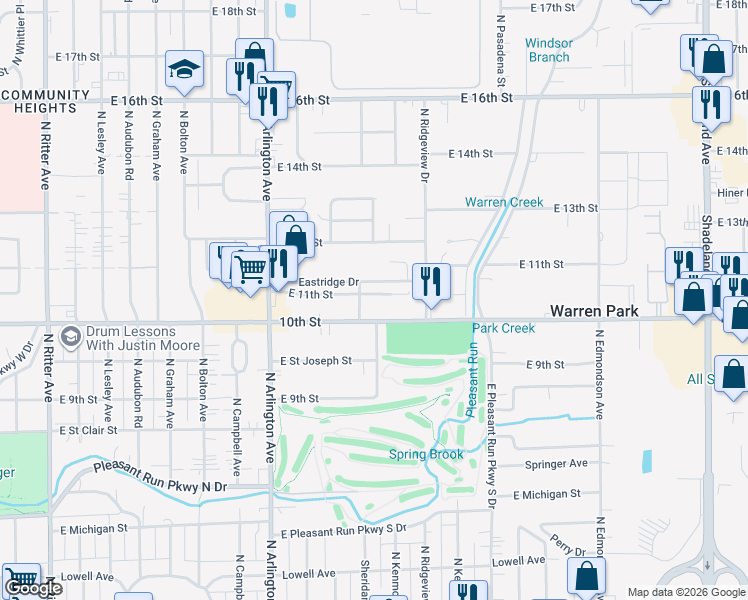 map of restaurants, bars, coffee shops, grocery stores, and more near 6210 Eastridge Drive in Indianapolis
