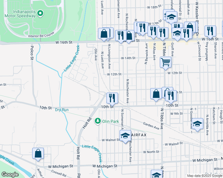 map of restaurants, bars, coffee shops, grocery stores, and more near 1126 North Somerset Avenue in Indianapolis