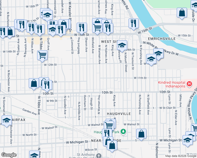 map of restaurants, bars, coffee shops, grocery stores, and more near 1132 North Warman Avenue in Indianapolis