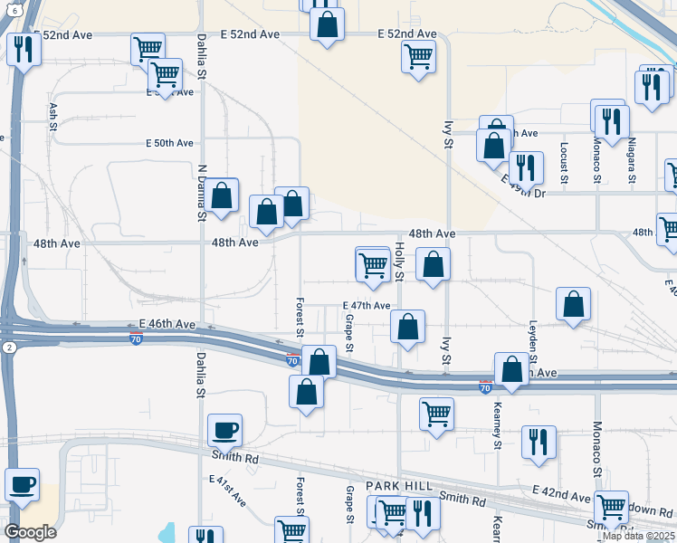 map of restaurants, bars, coffee shops, grocery stores, and more near 4744 Forest Street in Denver