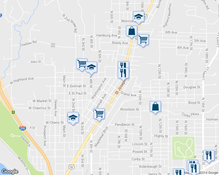 map of restaurants, bars, coffee shops, grocery stores, and more near 2018 Savannah Avenue in St. Joseph
