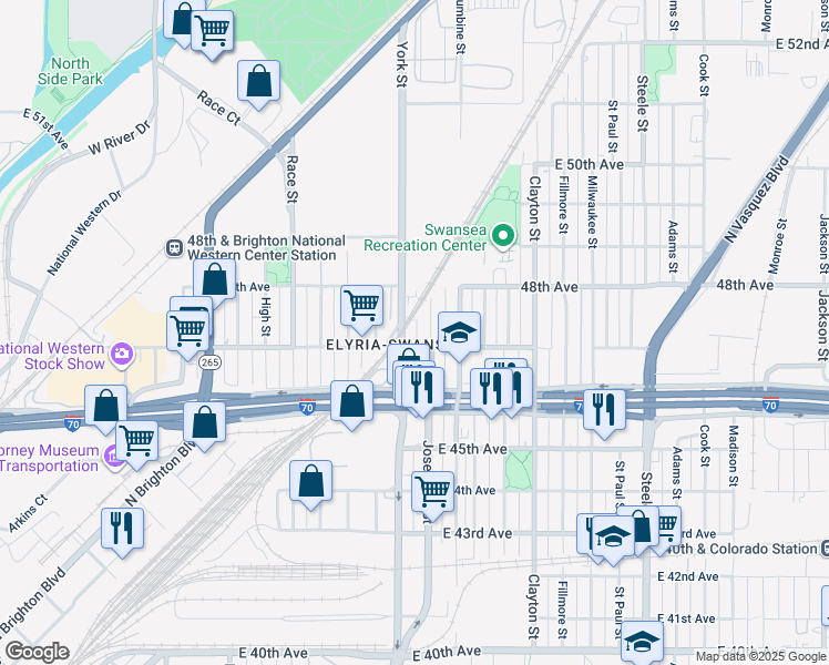 map of restaurants, bars, coffee shops, grocery stores, and more near 4765 York Street in Denver
