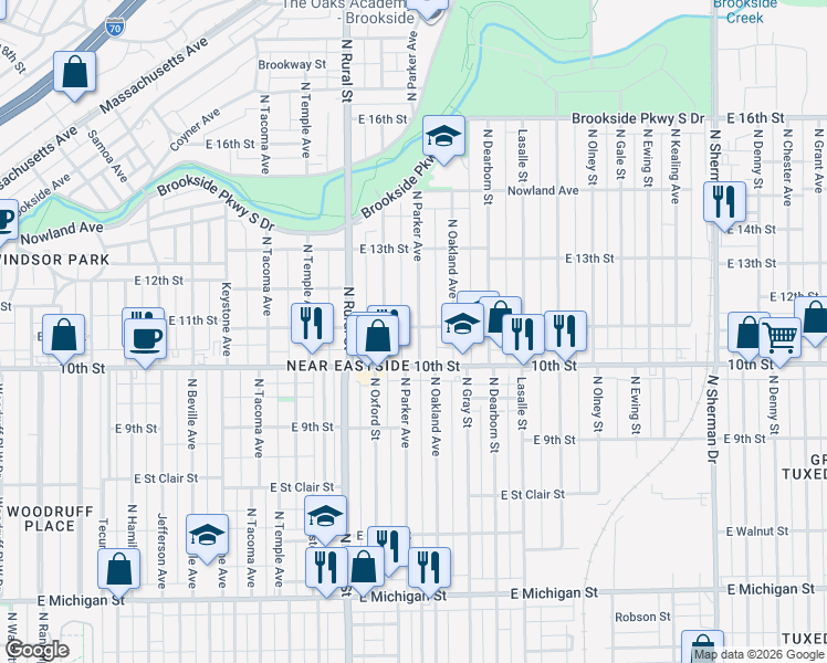 map of restaurants, bars, coffee shops, grocery stores, and more near 1115 North Parker Avenue in Indianapolis