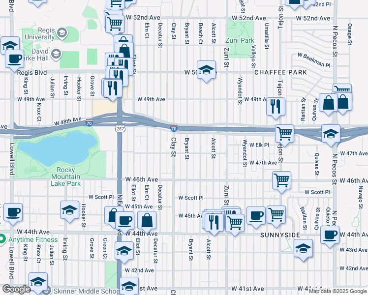 map of restaurants, bars, coffee shops, grocery stores, and more near 4755 Bryant Street in Denver