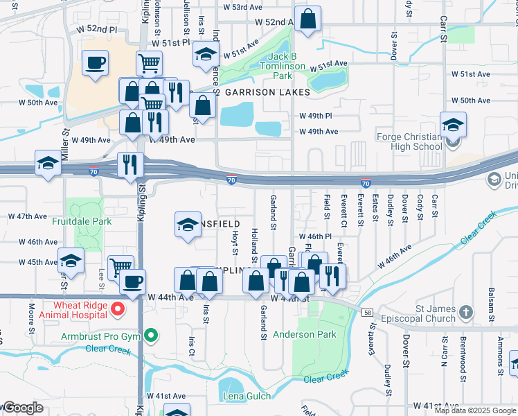 map of restaurants, bars, coffee shops, grocery stores, and more near 9310 West 48th Avenue in Wheat Ridge