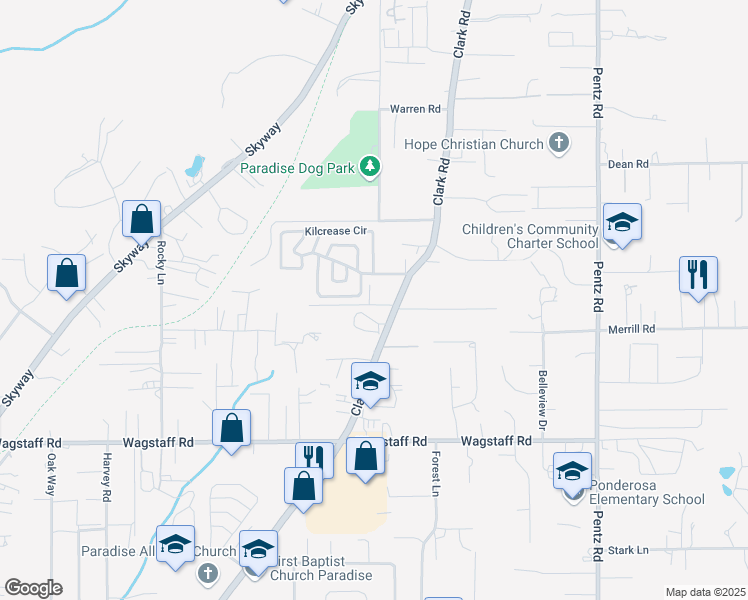 map of restaurants, bars, coffee shops, grocery stores, and more near 1423 Kilcrease Circle in Paradise