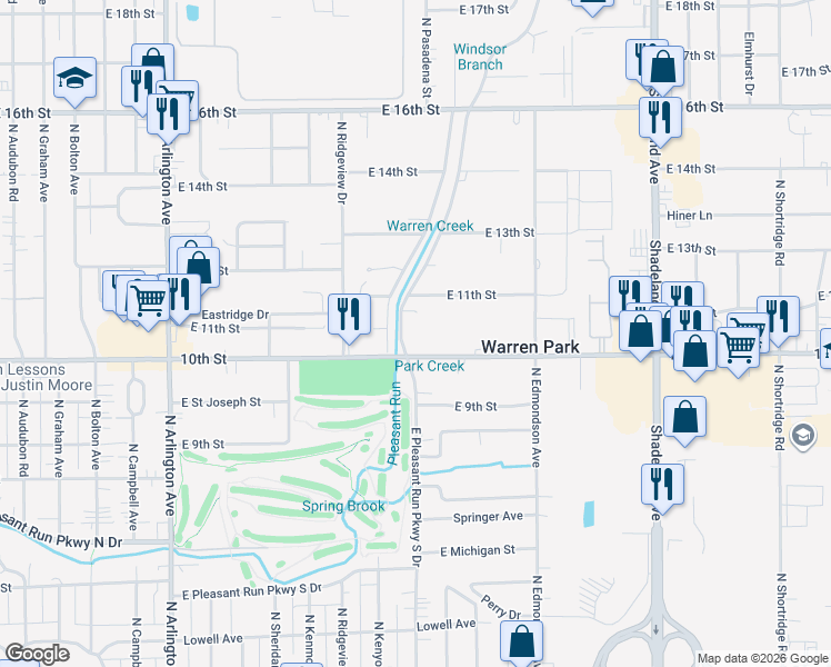 map of restaurants, bars, coffee shops, grocery stores, and more near 6695 East Pleasant Run Parkway South Drive in Warren Park
