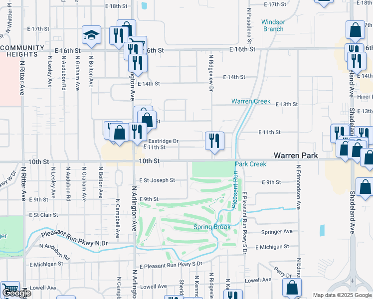 map of restaurants, bars, coffee shops, grocery stores, and more near 6210 Eastridge Drive in Indianapolis