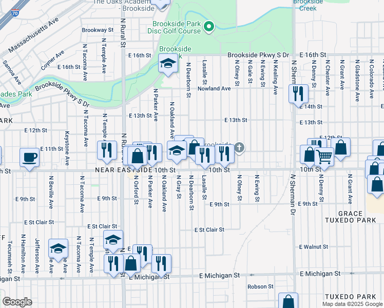 map of restaurants, bars, coffee shops, grocery stores, and more near 1115 North Dearborn Street in Indianapolis