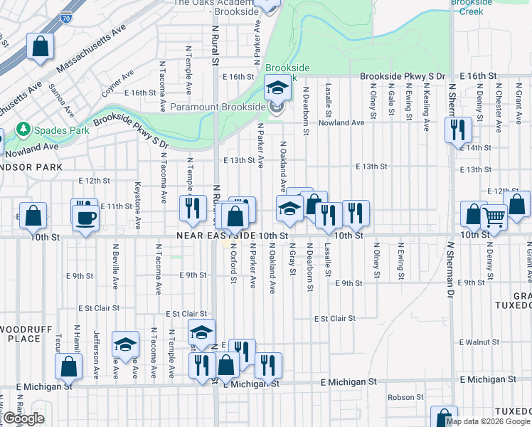 map of restaurants, bars, coffee shops, grocery stores, and more near 1115 North Parker Avenue in Indianapolis