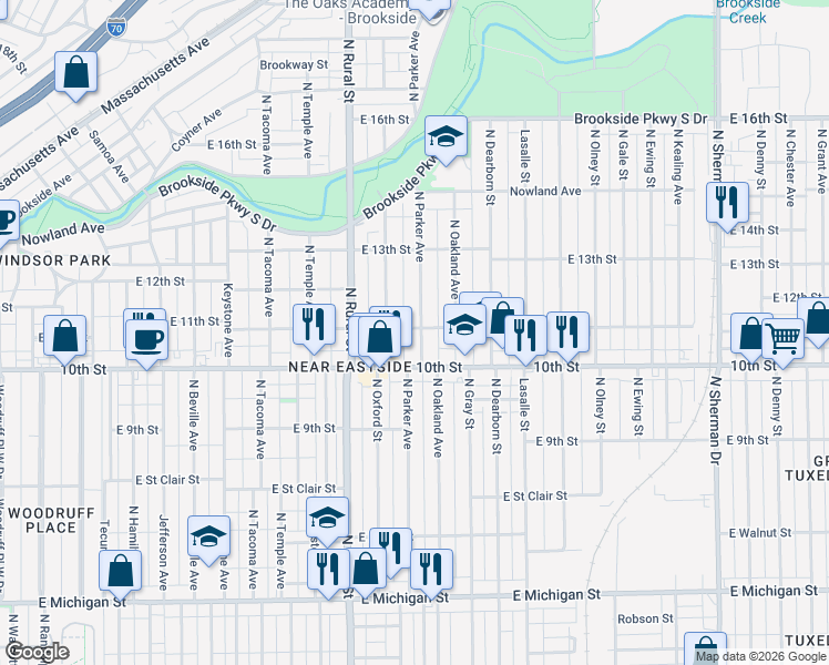map of restaurants, bars, coffee shops, grocery stores, and more near 1115 North Parker Avenue in Indianapolis