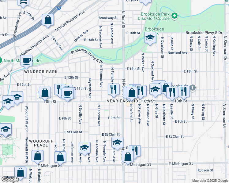 map of restaurants, bars, coffee shops, grocery stores, and more near 1115 North Temple Avenue in Indianapolis
