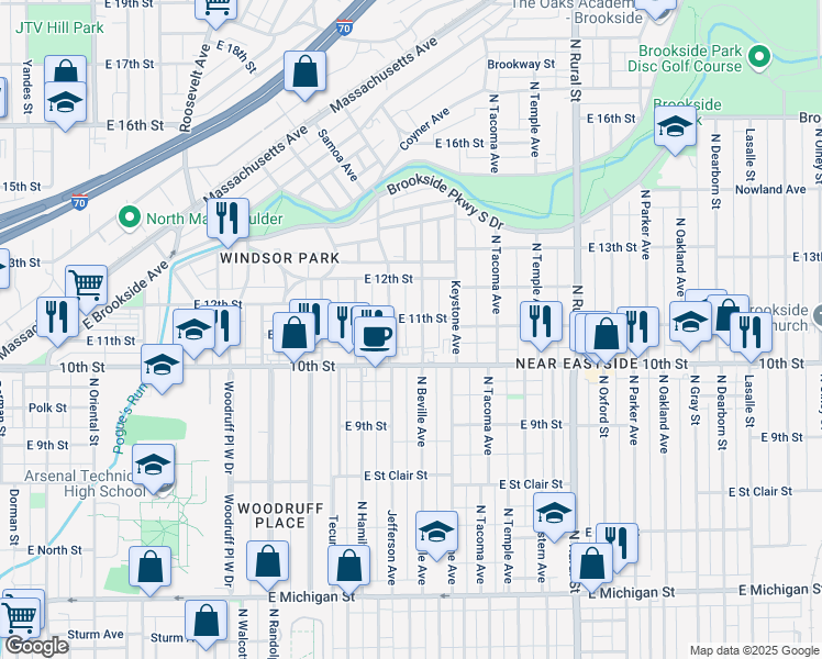map of restaurants, bars, coffee shops, grocery stores, and more near 1115 North Beville Avenue in Indianapolis