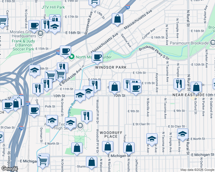 map of restaurants, bars, coffee shops, grocery stores, and more near 1119 Sterling Street in Indianapolis