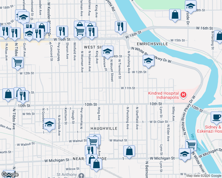 map of restaurants, bars, coffee shops, grocery stores, and more near 1114 North Mount Street in Indianapolis
