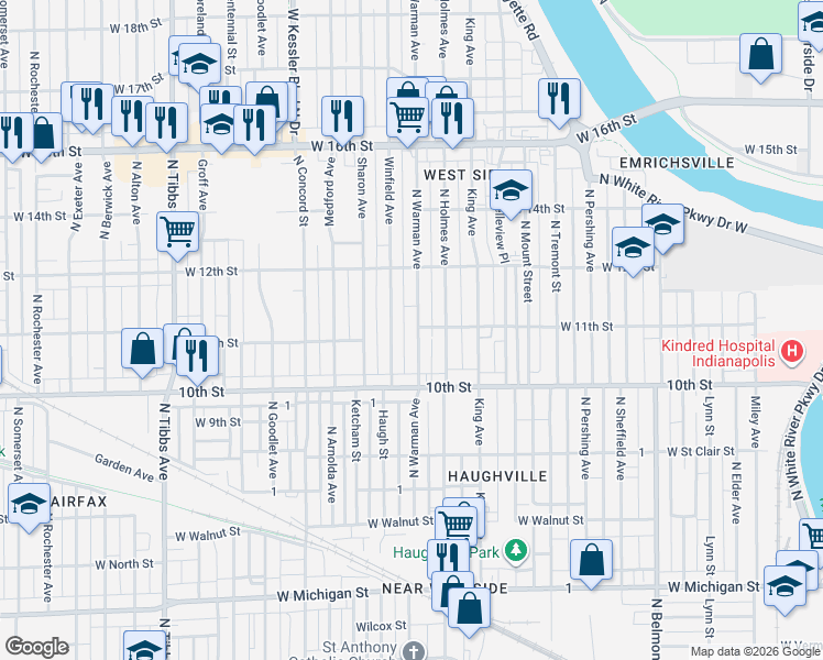map of restaurants, bars, coffee shops, grocery stores, and more near 1132 North Warman Avenue in Indianapolis