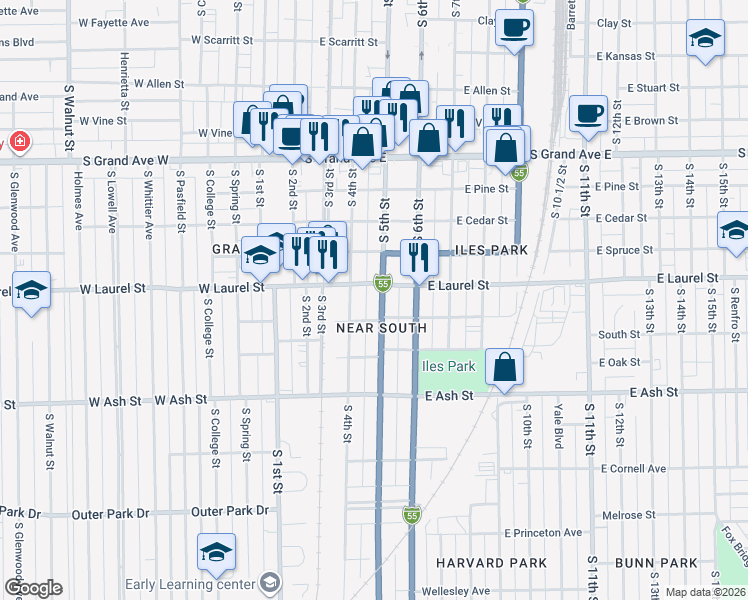 map of restaurants, bars, coffee shops, grocery stores, and more near 428 East Laurel Street in Springfield