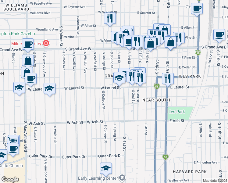 map of restaurants, bars, coffee shops, grocery stores, and more near 207 West Laurel Street in Springfield