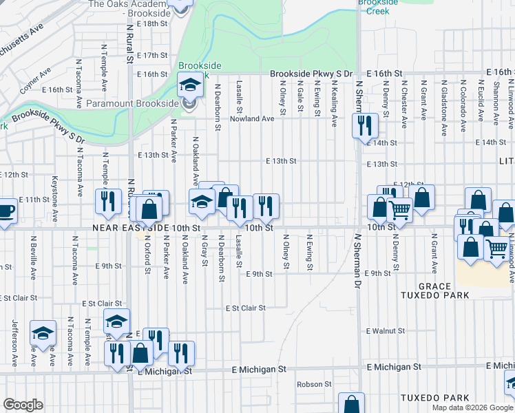 map of restaurants, bars, coffee shops, grocery stores, and more near 1116 North Tuxedo Street in Indianapolis