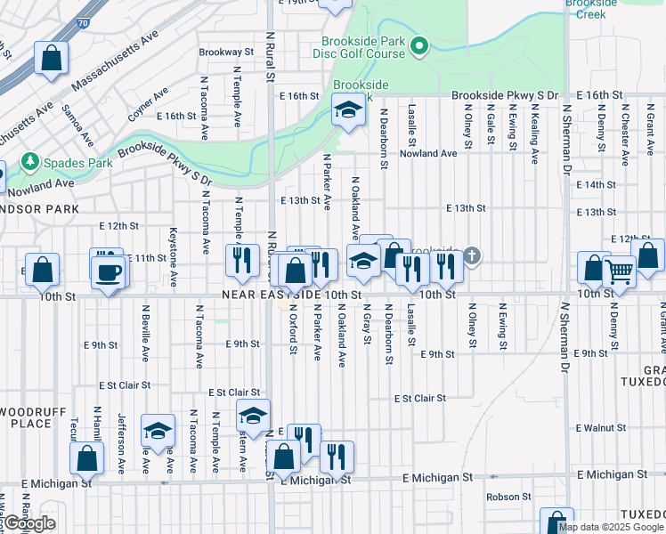 map of restaurants, bars, coffee shops, grocery stores, and more near 1115 North Parker Avenue in Indianapolis