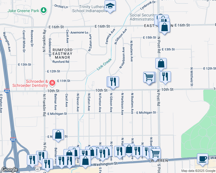 map of restaurants, bars, coffee shops, grocery stores, and more near 8400 East 10th Street in Indianapolis