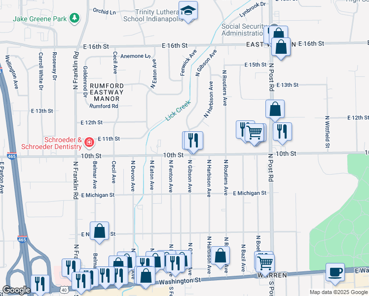 map of restaurants, bars, coffee shops, grocery stores, and more near 8400 East 10th Street in Indianapolis