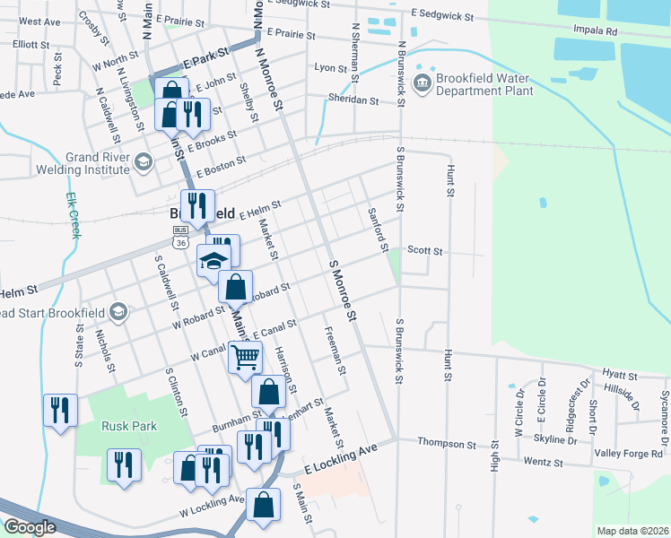 map of restaurants, bars, coffee shops, grocery stores, and more near 400 South Monroe Street in Brookfield