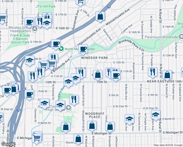 map of restaurants, bars, coffee shops, grocery stores, and more near 1119 Sterling Street in Indianapolis