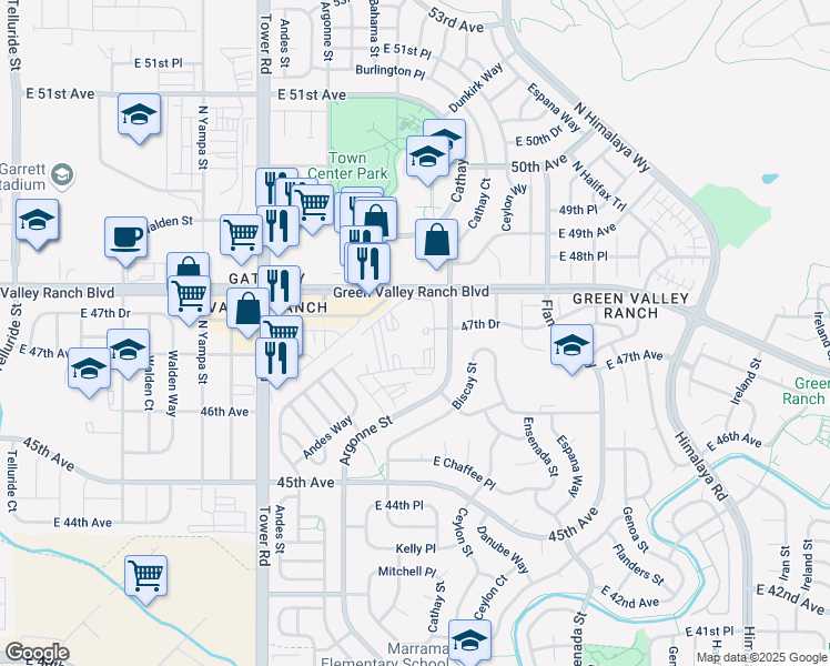 map of restaurants, bars, coffee shops, grocery stores, and more near 4775 Argonne Street in Denver