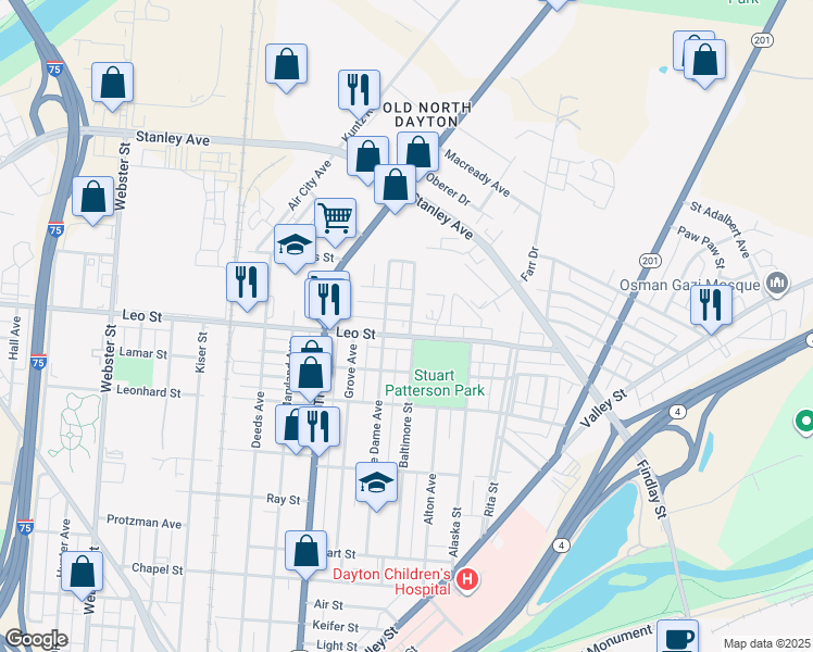 map of restaurants, bars, coffee shops, grocery stores, and more near 1710 Mack Avenue in Dayton