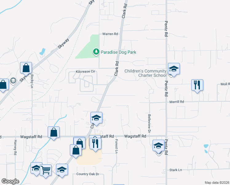 map of restaurants, bars, coffee shops, grocery stores, and more near 1561 Adams Road in Paradise