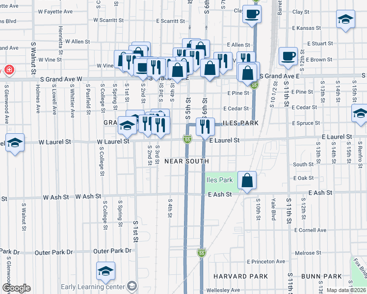 map of restaurants, bars, coffee shops, grocery stores, and more near 428 East Laurel Street in Springfield