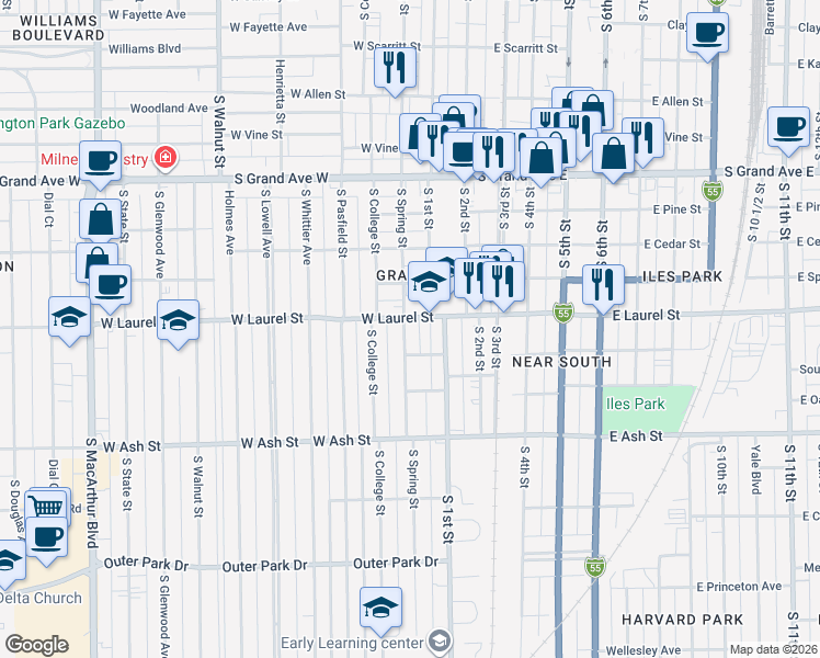 map of restaurants, bars, coffee shops, grocery stores, and more near 207 West Laurel Street in Springfield