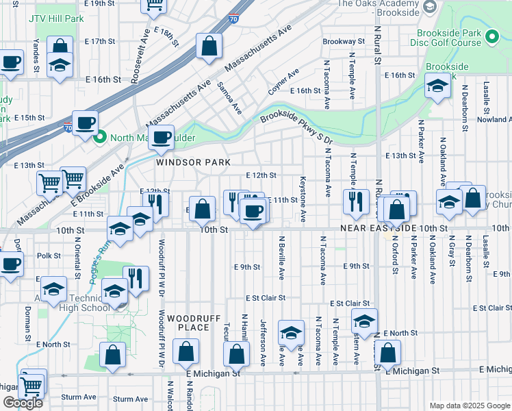 map of restaurants, bars, coffee shops, grocery stores, and more near 1110 Jefferson Avenue in Indianapolis