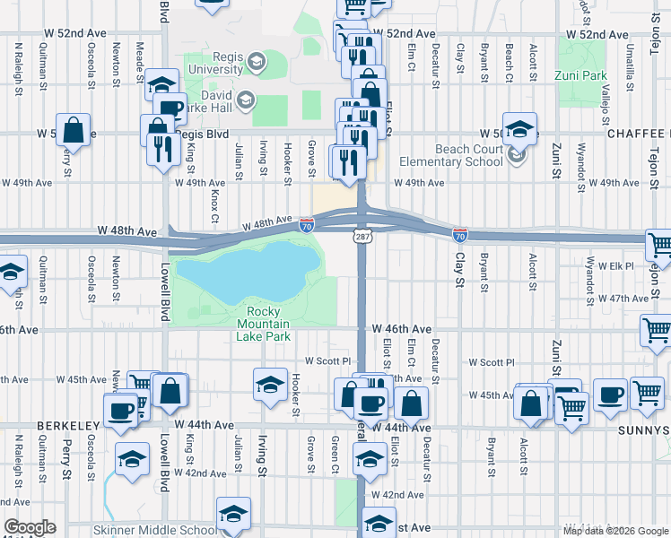 map of restaurants, bars, coffee shops, grocery stores, and more near 4765 Federal Boulevard in Denver