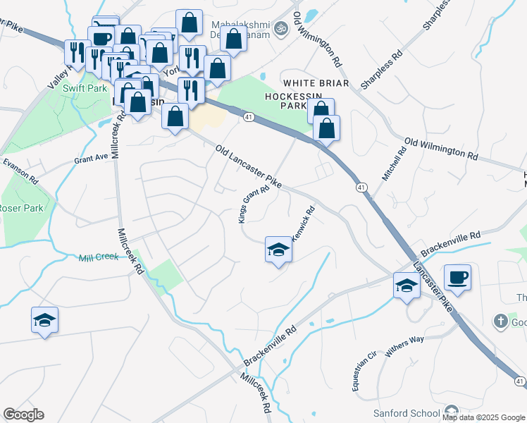 map of restaurants, bars, coffee shops, grocery stores, and more near 728 Stonehouse Way in Hockessin