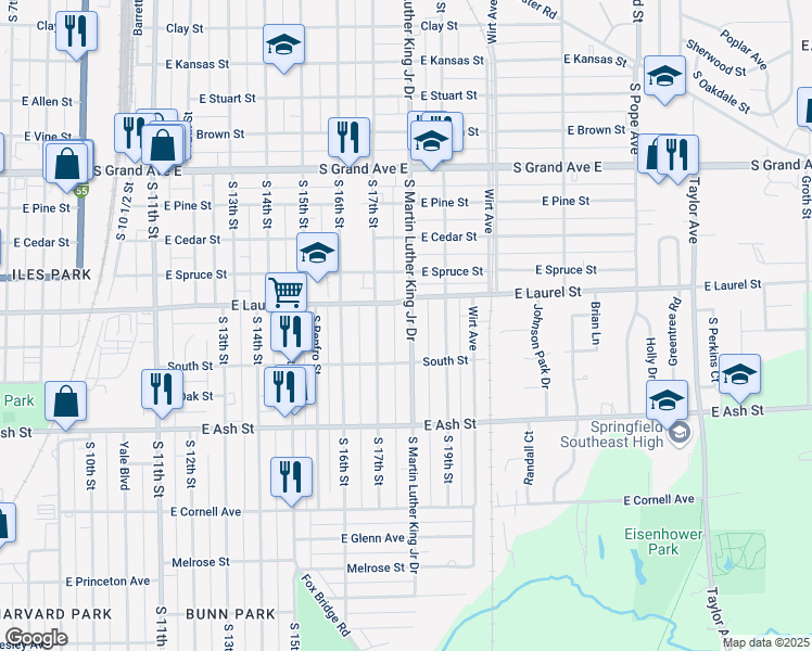 map of restaurants, bars, coffee shops, grocery stores, and more near 1825 South Martin Luther King Junior Drive in Springfield