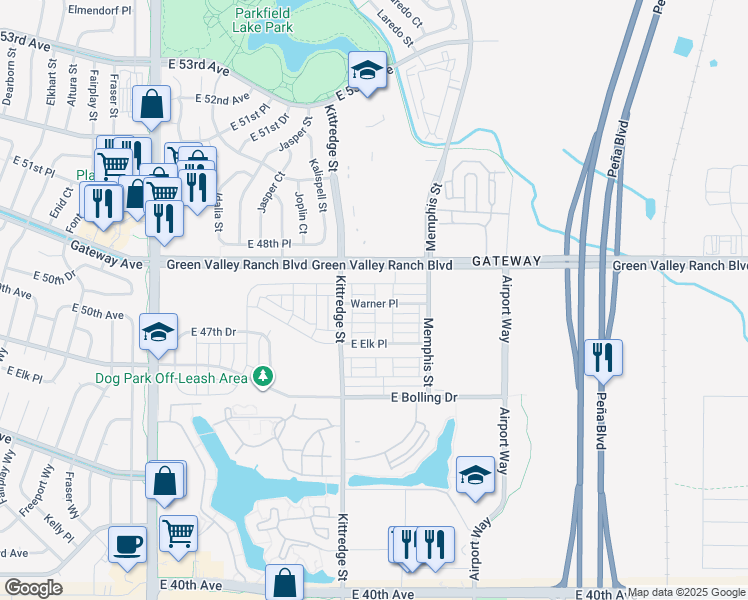 map of restaurants, bars, coffee shops, grocery stores, and more near 16046 Warner Drive in Denver
