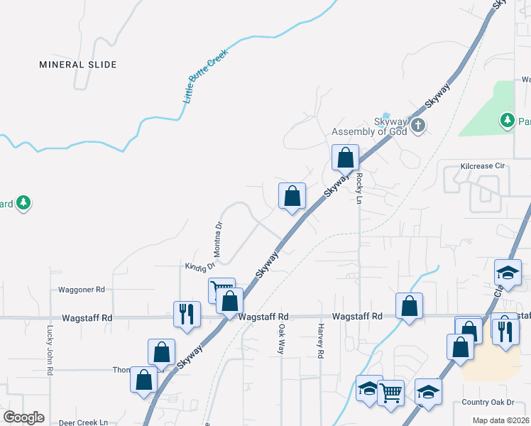 map of restaurants, bars, coffee shops, grocery stores, and more near 8569 Ridgecrest Drive in Paradise