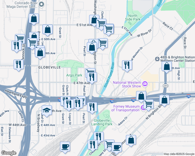 map of restaurants, bars, coffee shops, grocery stores, and more near 4800 Washington Street in Denver