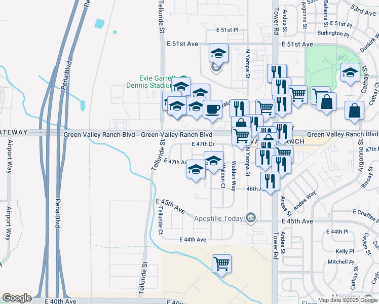 map of restaurants, bars, coffee shops, grocery stores, and more near 4771 Ventura Street in Denver