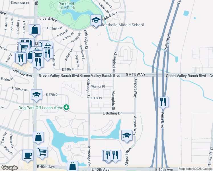 map of restaurants, bars, coffee shops, grocery stores, and more near 16196 Warner Drive in Denver