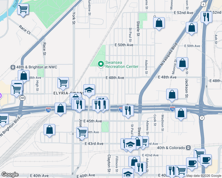 map of restaurants, bars, coffee shops, grocery stores, and more near 4773 Fillmore Street in Denver