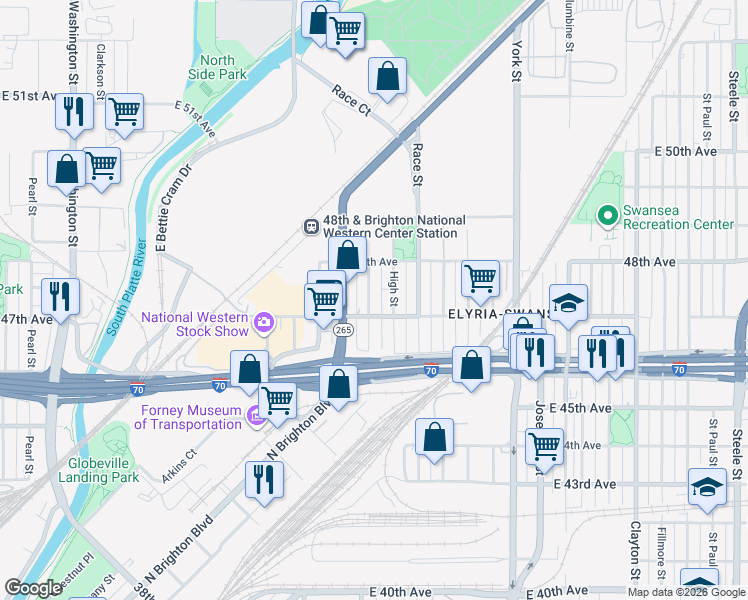 map of restaurants, bars, coffee shops, grocery stores, and more near 4760 North Williams Street in Denver