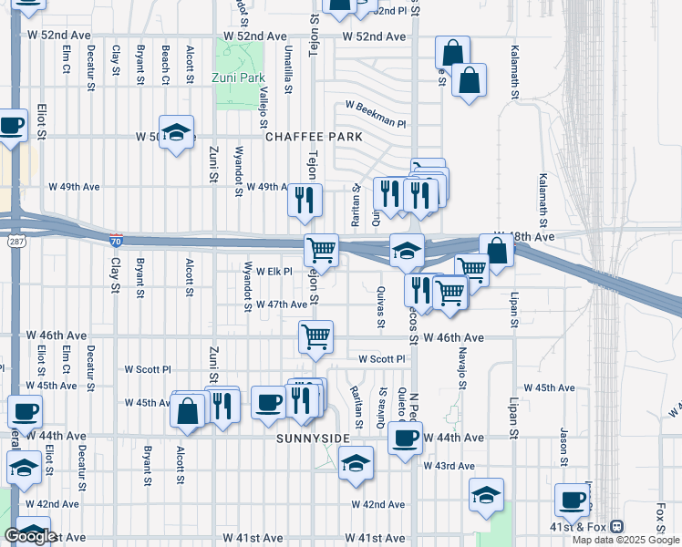 map of restaurants, bars, coffee shops, grocery stores, and more near 4750 Tejon Street in Denver