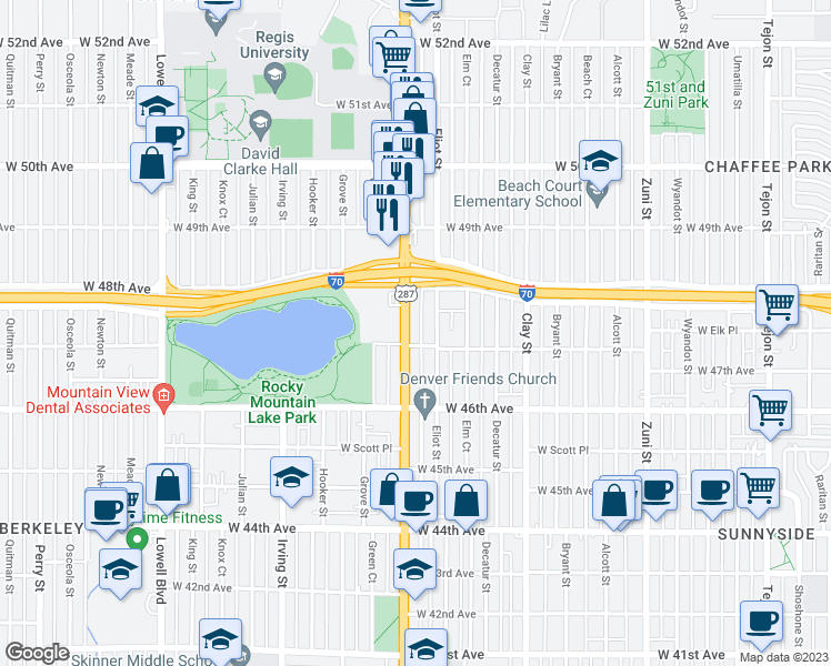 map of restaurants, bars, coffee shops, grocery stores, and more near 4745 Federal Boulevard in Denver